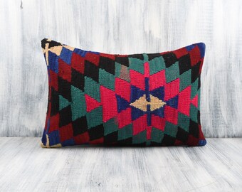 Kilim Pillow Cover,Lumbar Pillow,16x24 Kilim Pillow,Boho Pillow,Outdoor Pillow,Throw Pillow,Bedding Pillow,Embroidered Kilim Pillow 2908