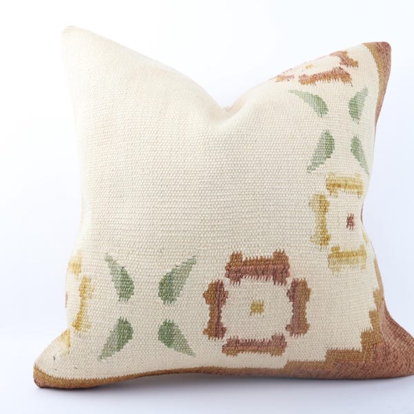 Handwoven Turkish Kilim Pillow Cover: Vintage Boho Home Decor (24x24)