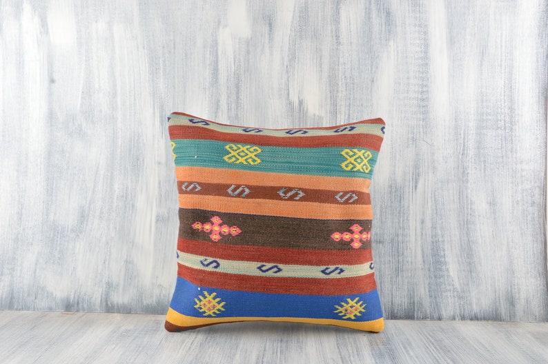 16x16 Turkish Kilim Pillow Ethnic Kilim Pillow Turkey Pillow Colorful Accent Pillow Handmade Carpet Pillow Bohemian Kilim Lumbar