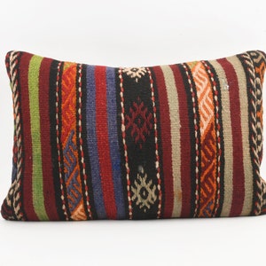 Embroidered Kilim Lumbar, 16x24 Pillow Case, Boho Sham Cover, Stripe Sofa Pillow, Stripe Sham Cover, Colorful Pillow, Aztec Pillow