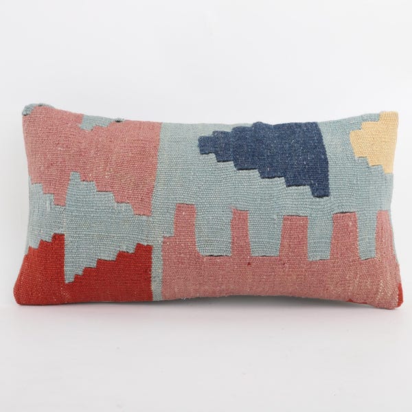 Handwoven Turkish Kilim Lumbar Pillow Cover: Vintage Bohemian Throw Pillow
