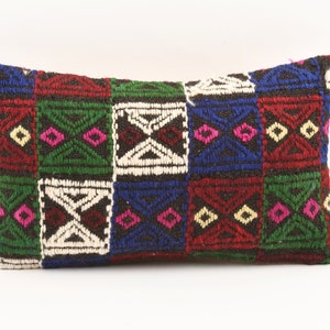Turkish Kilim Pillow, 12x20 Kilim Pillow, Organic Wool Kilim Cushion, Bohemian Pillow, Handmade Kilim Pillow Colorful Pillow Cover