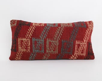 Handmade Turkish Kilim Lumbar Pillow: Wool Sofa Cushion (8" x 16")