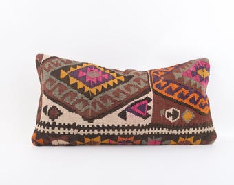 Handwoven Kilim Lumbar Pillow Cover: Turkish Boho Cushion (12x24)