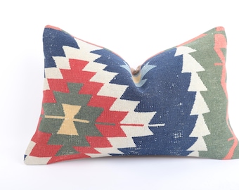 Ethnic Kilim Pillow, 16x24 Anatolian Pillow Cover, Handwoven Turkish Kilim Pillow, Boho Pillow, Cushion Cover, Vintage Kilim Pillow