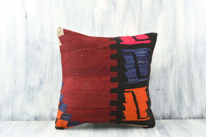 Decorative Throw Pillow Floor Cushion Cover Organic Accent Boho Pillow 18x18 Handmade Kilim Pillow Turkish Kilim Pillow Home Decor