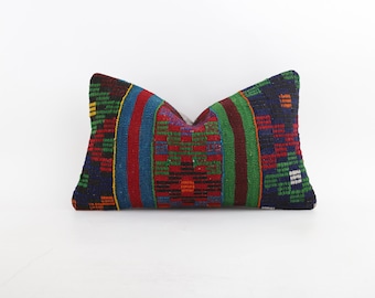 Handvävd turkisk kelim örngott, boho ullkudde, 12x20