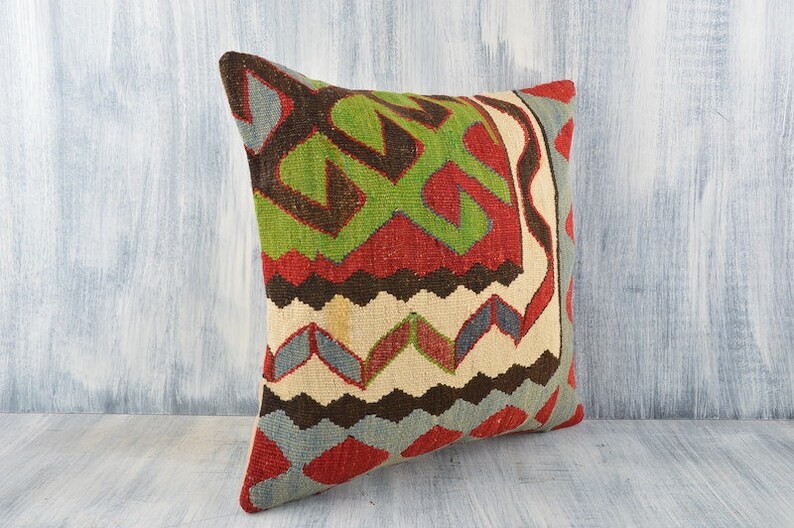 Turkish Kilim Pillow 16x16 Kilim Pillow Home Decor Old Vintage Kilim Cushion Cover Aztec Kilim Pillow Cover Boho Sham Cover Beeding