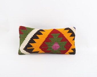 Handwoven Turkish Kilim Lumbar Pillow Cover, Bohemian Sofa Cushion (8x16)