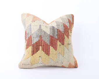 Kilim Pillow, 14x14 Kilim Pillow Cover, Decorative Throw Pillow, Bohemian Carpet Pillow, Handwoven Sham Cover, Boho Kilim Lumbar, Home Decor
