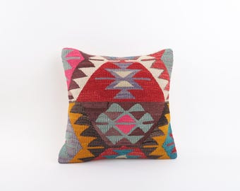 Handwoven Turkish Kilim Pillow Cover: 16x16 Boho Aztec Cushion