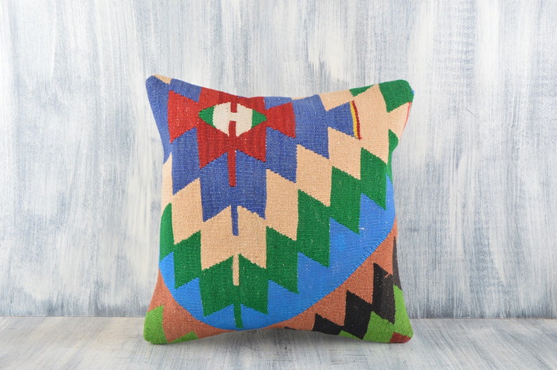 Geometric Kilim Pillow 16x16 Handwoven Kilim Pillow Colorful Etsy