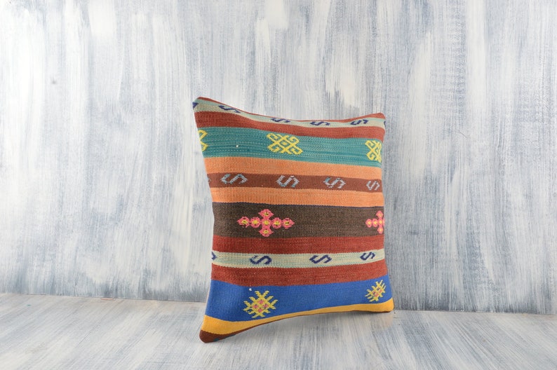 16x16 Turkish Kilim Pillow Ethnic Kilim Pillow Turkey Pillow Colorful Accent Pillow Handmade Carpet Pillow Bohemian Kilim Lumbar