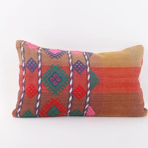 Decorative Turkish Kilim Pillow, 12x20 Kili Pillow Cover, Ethnic Kilim Pillow, Handwoven Turkish Kilim Pillow, Bohemian Kilim Lumbar