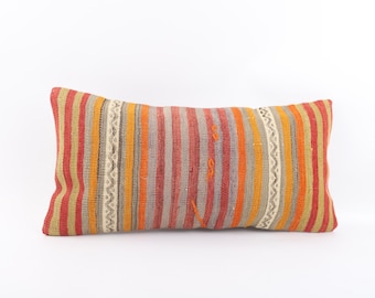 Handwoven Kilim Lumbar Pillow Cover: Turkish Boho Cushion (12x24)