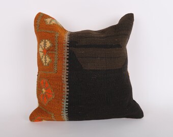 Handwoven Turkish Kilim Pillow Cover: Ethnic Aztec Boho Throw Pillow, 16x16