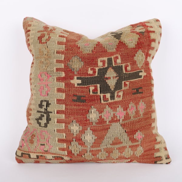 Turkish Kilim Pillow, 16x16 Handwoven Kilim Pillow, Home Decor, Bohemian Kilim Pillow, Turkey Pillow, Accent Cotton Pillow, Cushion Cover