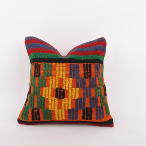 Turkish Kilim Pillow, 16x16 Pillow Cover, Boho Carpet Pillow, Vintage Kilim Pillow, Ethnic Kilim Pillow, Decorative Throw Pillow, Home Decor