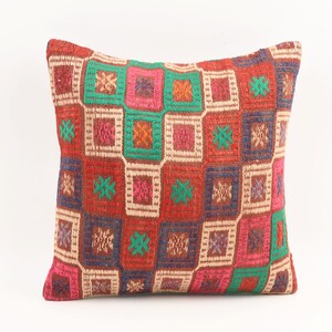 Handwoven Kilim Pillow, 16x16 Bohemian Kilim Pillow, Vintage Kilim Pillow, Throw Pillow, Wool Cushion Cover, Aztec Pillow, Home Decor