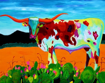 Q's Longhorn, Archival Print, Artist, John Hutson, Matted ready to Frame, Free Shipping