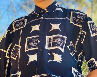 Vintage 80's Black & White Geometric Printed Shirt with Lions for Men Deadstock Size Large (L)