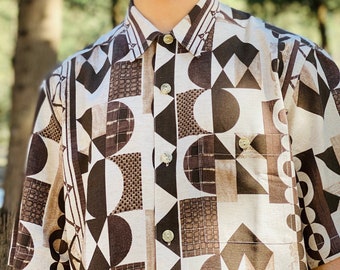 Vintage 80s Geometric Printed Shirt Multicolor (Brown - White)  For Men Deadstock  Size Medium - Large - Extra Large (M-L-XL)