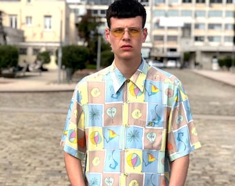 Vintage 80s Deadstock Multicolor Pattern Shirt Men Geometric