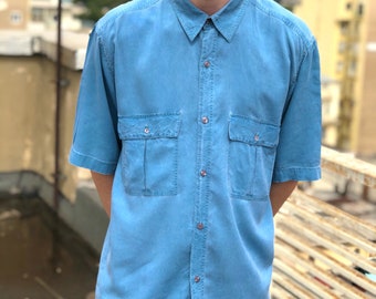 Vintage 80s Denim Blue Shirt for Men Dead Stock