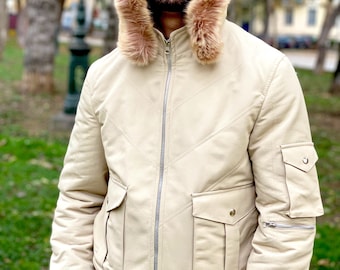 Vintage 90's Beige Bomber Jacket with Removable Fur Hoodie