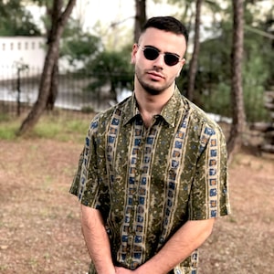 Vintage 80er Deadstock Grün Bedrucktes Shirt Abstrakter Druck