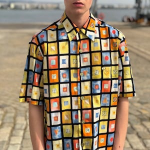 ヴィンテージ 90 年代 デッドストック シャツ マルチカラー 幾何学模様 メンズ サイズ M - XL