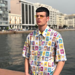 Vintage 90s Dead Stock Shirt Multicolor Geometric Print  for Men SIzes L - XL