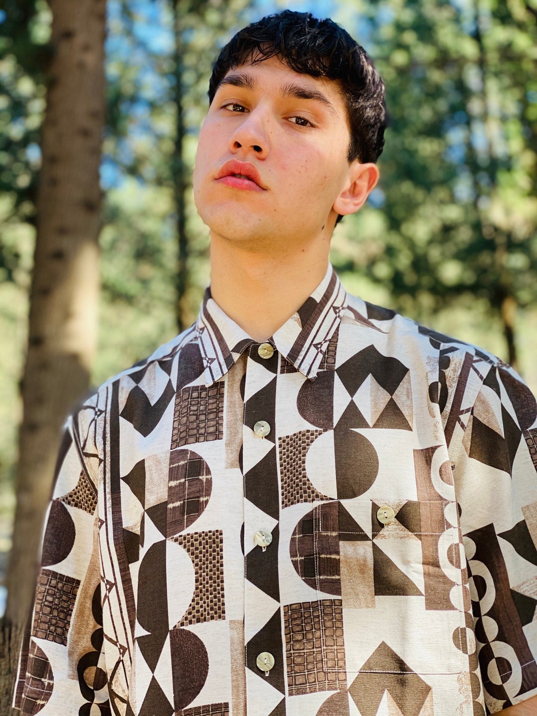 Vintage 80s Geometric Printed Shirt Multicolor brown White for Men