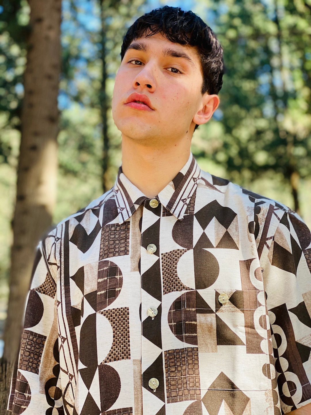 Vintage 80s Geometric Printed Shirt Multicolor brown White for Men