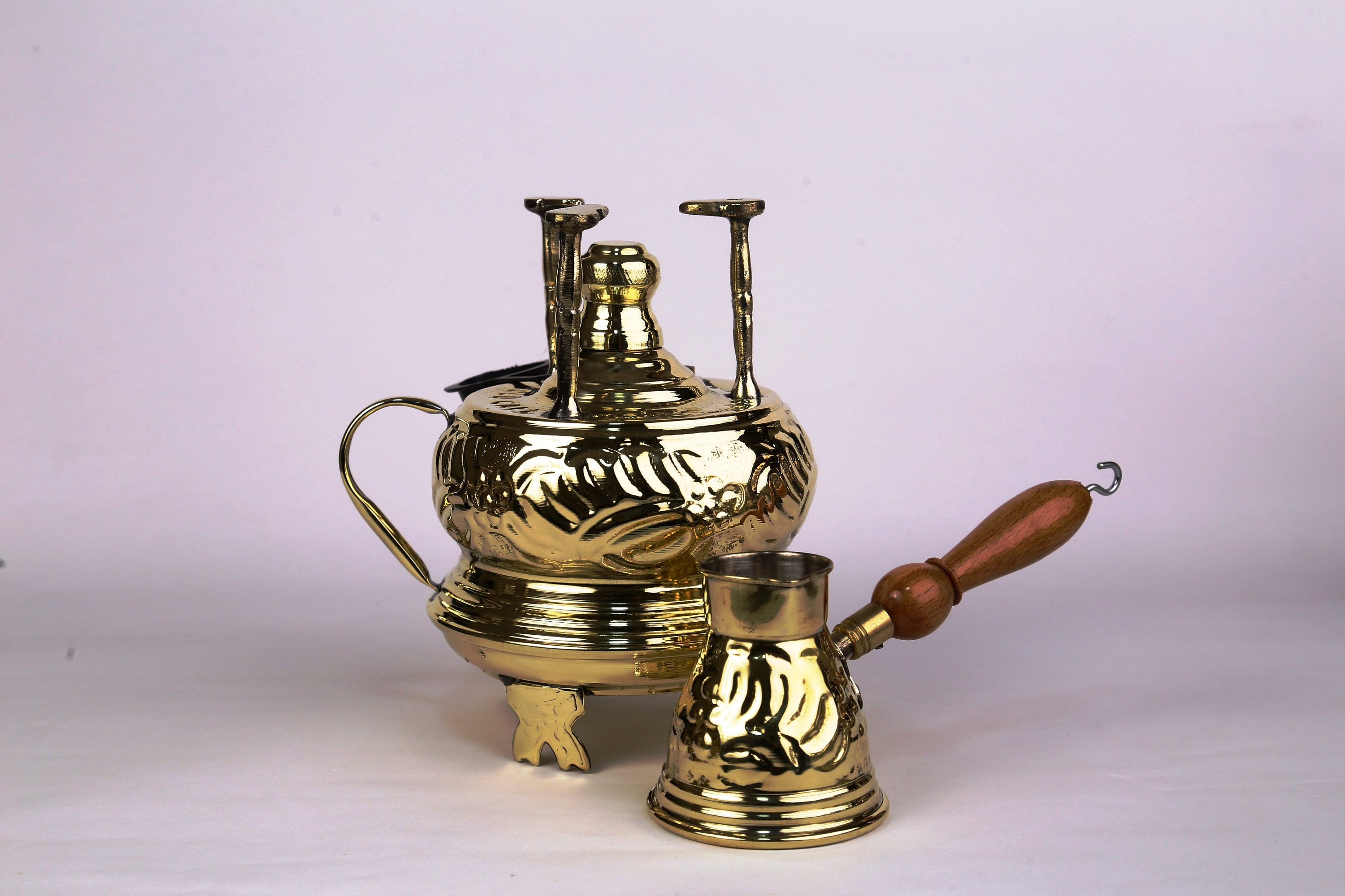 Al Bramony Brass Turkish Greek Coffee Alcohol Burner Maker Table Top Tabletop Wooden Handle Arabian Solid Large Size Hand Hammered Handmade Egypt Decanter + Pot Ibrik Size N02 (Capacity 2