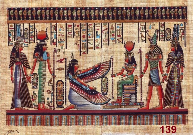 item#139. Authentic Egyptian Papyrus artwork hand made in Egypt. Nefertari, Goddess Matt, Horus.