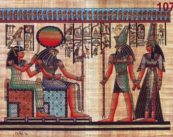 SKUs 107. Authentic Egyptian Papyrus art work hand made in Egypt.Nefertary Led by Horus infront of Raharakht and Hathor.