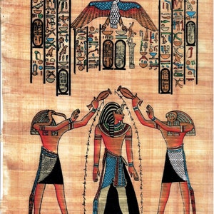May include: An Egyptian papyrus painting depicting a pharaoh being poured water from two jars by two figures with bird heads. The painting is surrounded by hieroglyphs and a winged bird at the top.
