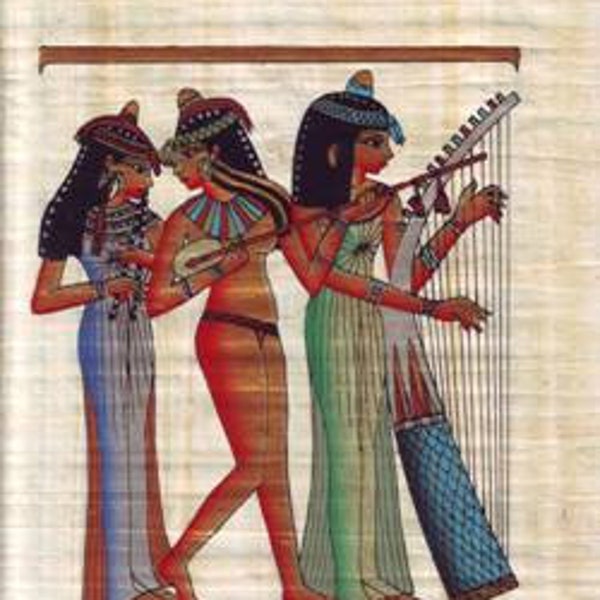 SKU.9 Authentique œuvre d’art égyptienne en papyrus fabriquée à la main en Égypte, Trois musiciens dansants.