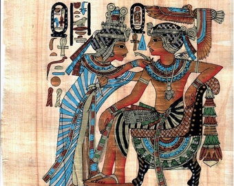 May include: A hand-painted papyrus scroll depicting an Egyptian pharaoh and queen. The pharaoh is seated on a throne with a winged sun disk above his head. The queen is standing and offering a flower to the pharaoh. The scroll is decorated with hieroglyphs and other Egyptian motifs.