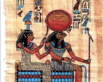 item#28. Authentic Egyptian Papyrus artwork hand made in Egypt, Ra-harakht And Hathor.