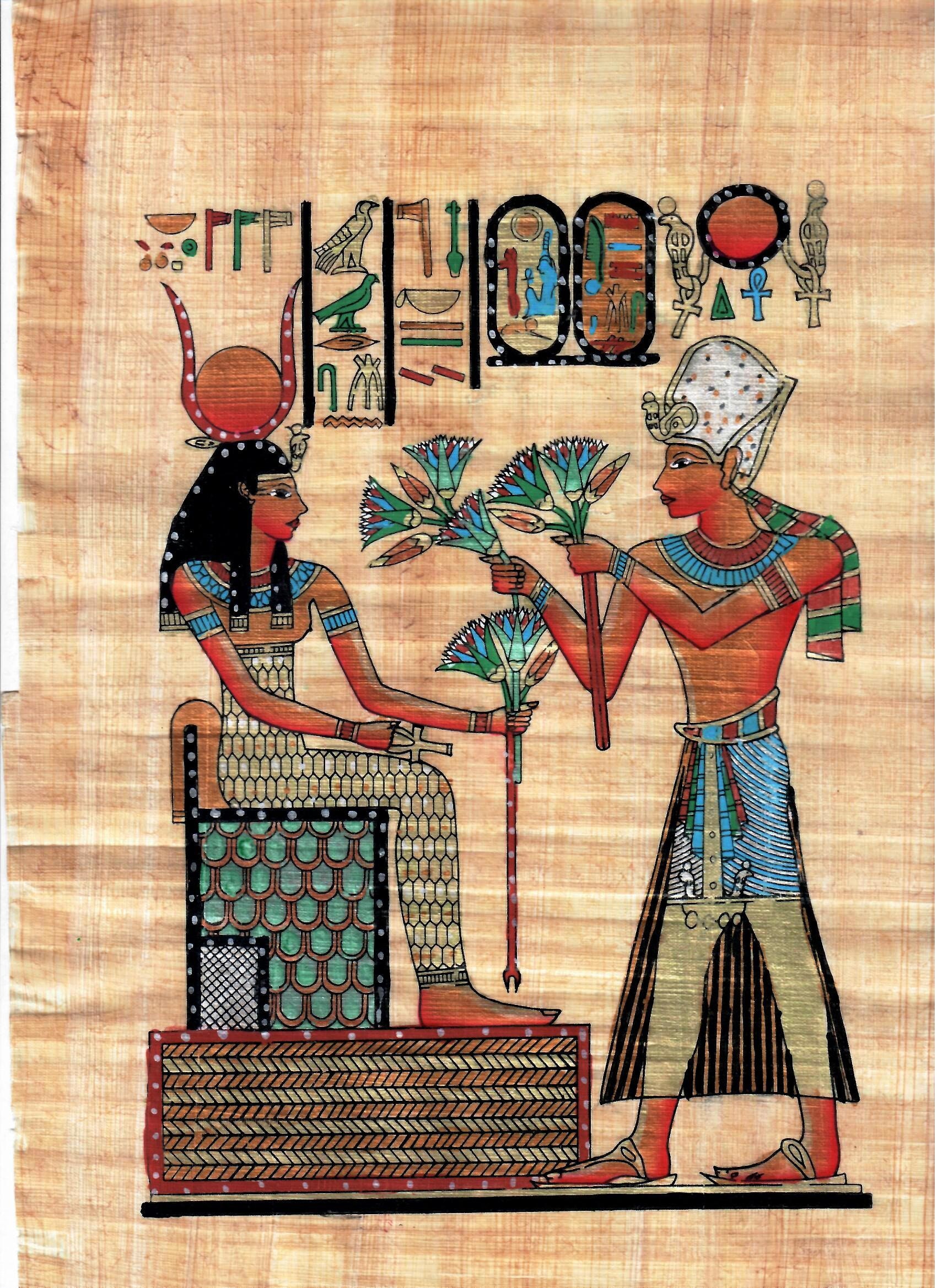 item#10. Authentic Egyptian Papyrus artwork hand made in Egypt, King Ramses proffers flowers.