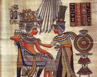 May include: An ancient Egyptian papyrus painting depicting a pharaoh seated on a throne, receiving a cup from a standing figure. The pharaoh wears a crown and a necklace, while the other figure wears a white kilt and a headdress. The scene is illuminated by a sun disk with rays emanating from it.