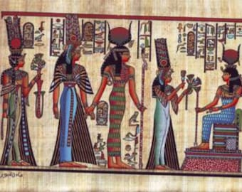 女神マアトとハトホルのパピルス画：古代エジプトの壁画（14インチ×10