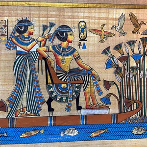 item#143. Authentic Egyptian Papyrus artwork hand made in Egypt, King Tut and his wife in the swamps.