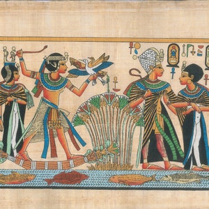May include: A hand-painted papyrus scroll depicting an Egyptian scene with four figures. The figures are dressed in traditional clothing and are standing in front of a lotus plant. The scene is set against a background of blue and white waves and fish.