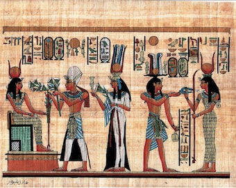 item#168. Authentic Egyptian Papyrus, Ramses and Nefertari Present flowers to Hathor.
