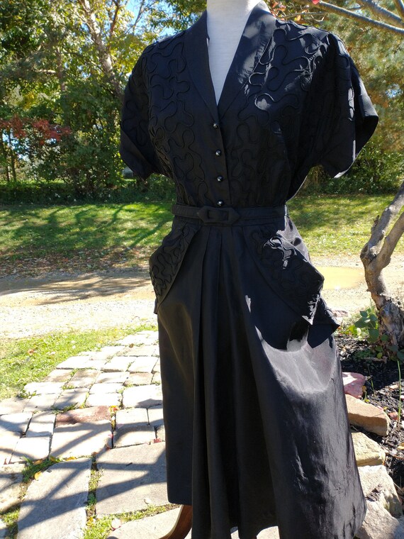 1950's Black Taffeta Button Down Cocktail Dress wi