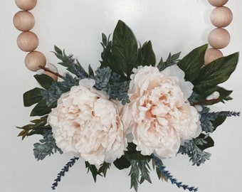 Wood Bead Wreath with Flowers, Hoop Wreath,Wood Beads,Boho Wedding, Home Decor, Eucalyptus & Greenery Wreath,Farmhouse