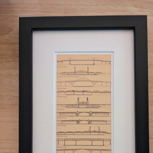 Framed and Matted Print of the Bridges in Portland, Oregon - The frame size is 6-1/2 x 11 and the image is 3-1/2 x 8.